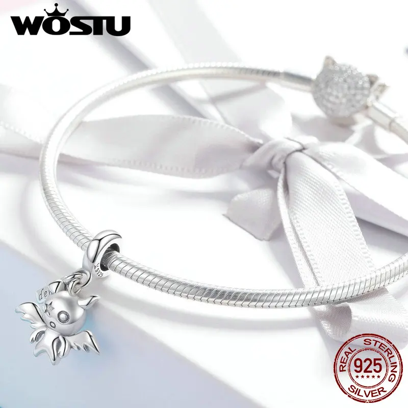WOSTU, настоящее 925 пробы, серебряный, маленький дьявол, демон, Висячие Подвески, подходит для браслета и ожерелья, подвеска, уникальные, милые ювелирные изделия CQC975