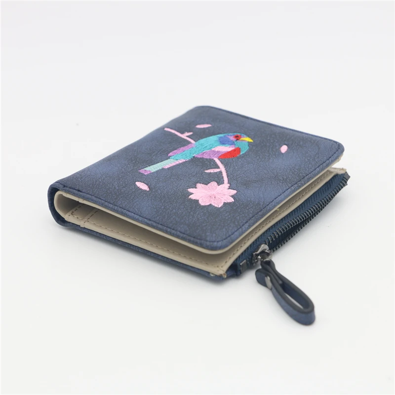 Женский кошелек с вышивкой птицы Portefeuille Femme на молнии, короткий кошелек, кожаный держатель для карт, зеленый, синий, розовый, черный, женские кошельки