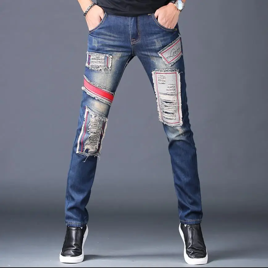 28-40 Autumn And Winter Jeans Men Plus Velvet Thick Patch Hole Jeans Hairstylist Tide Feet Pants Singer Stitching Beggar Pants
