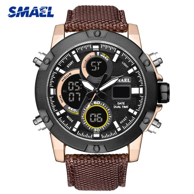 Brown Watch Мужские часы люксовый бренд Мужские часы с коричневым нейлоновым ремешком Мужские Спортивные кварцевые светодиодный цифровые часы водонепроницаемые военные наручные часы - Цвет: Brown Watch