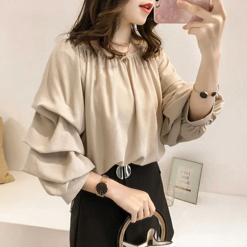 Summer new Korean version of a word collar shoulder loose chiffon shirt elegant long-sleeved blouse woman |