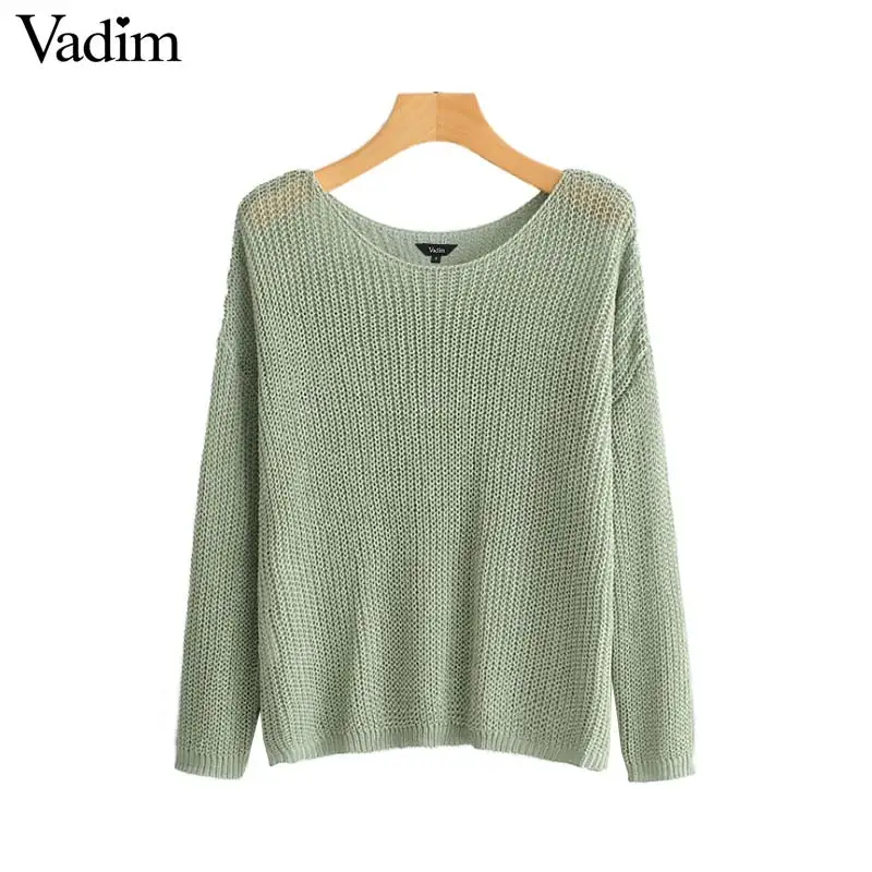 Vadim women solid knitted V neck sweater long sleeve see through loose shirts female casual elegant tops blusas HA391 | Женская одежда