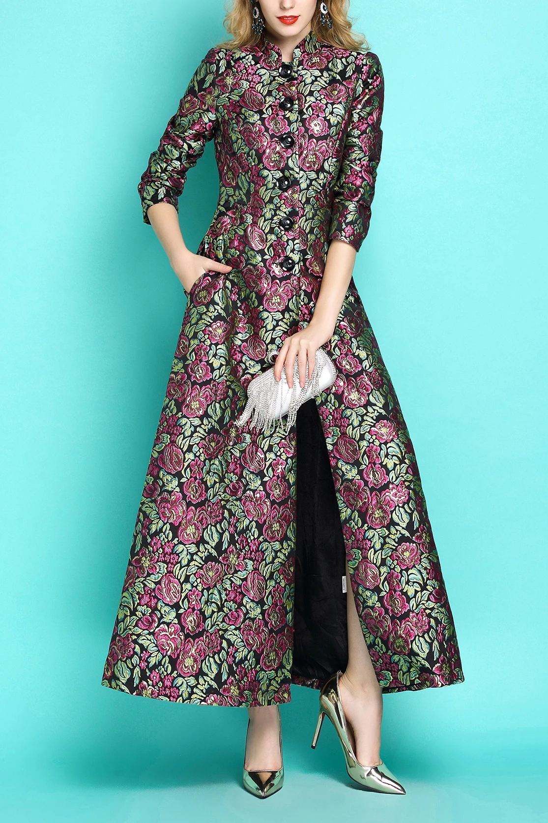 

Spring Autumn Vintage Women Dobby Flower X-long Trench Coat , Embroidery Luxurylong Coats , Fashion Woman Slim 3xl Clothes