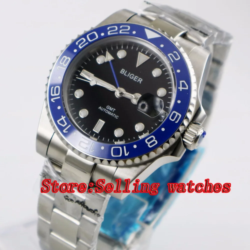 

Часы мужские механические 40 мм Bliger, черный циферблат, Синяя Керамическая рамка, синие GMT, светящиеся стрелки, сапфировое стекло, автоматичес...