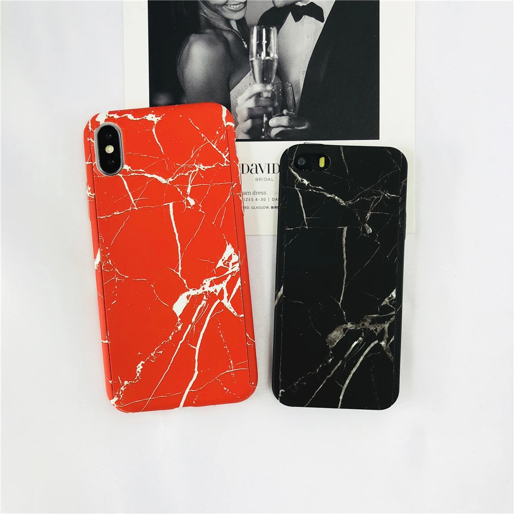 Fashion Red Marble Texture Cases For IPhone 6 6S 7 8 Plus 5 SE X Black 360 Degree Stone Full Protective Hard Capa |