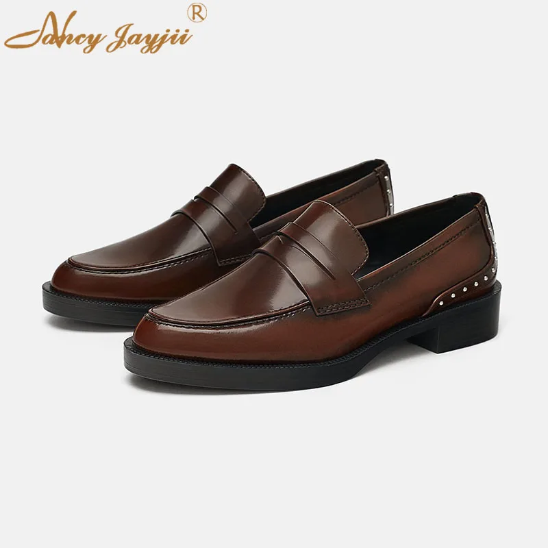 

Nancyjayjii Brown Retro Back Rivet Women’S Loafers Pumps Platform Med Chunky Heels Ladies Work Party 2021 Autumn Slip On Shoes