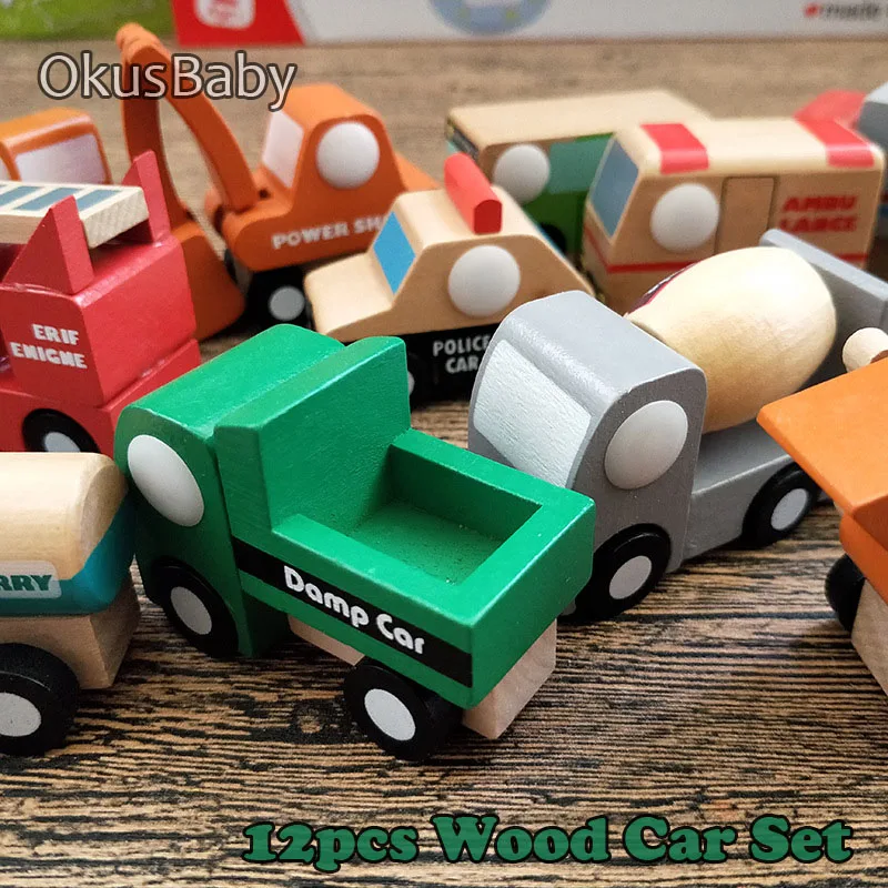 12pcs Set Mini Vehicles Toy Multi Design Creative Wood Car Model Baby Kids Educational Gift Toy Color Truck Kit with clear box