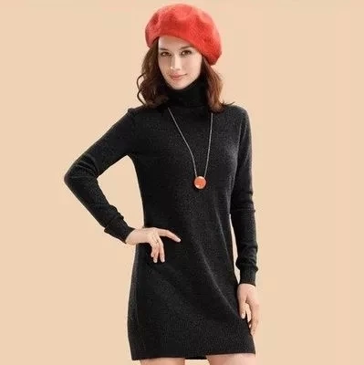 

goat cashmere women's fashion hip-pack pullover sweater dress mid-long turtle-neck solid color S-2XL