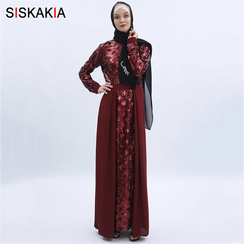 Siskakia роскошное длинное мусульманское платье с вышивкой из блесток высокой плотности, Дубайская модная абайя, платье цвета шампанского, Арабская одежда