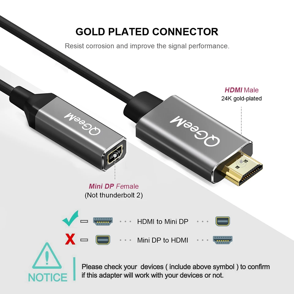 Кабель адаптера преобразователя QGeeM HDMI в Mini DisplayPort 4K x 2K DP Для оборудованных систем