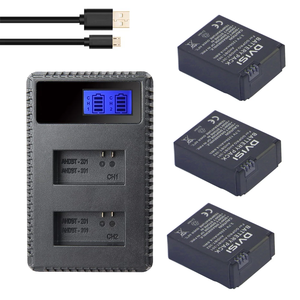 

3 шт., аккумуляторы 1250 мА · ч + двойное зарядное устройство USB с ЖК-дисплеем для Gopro 3