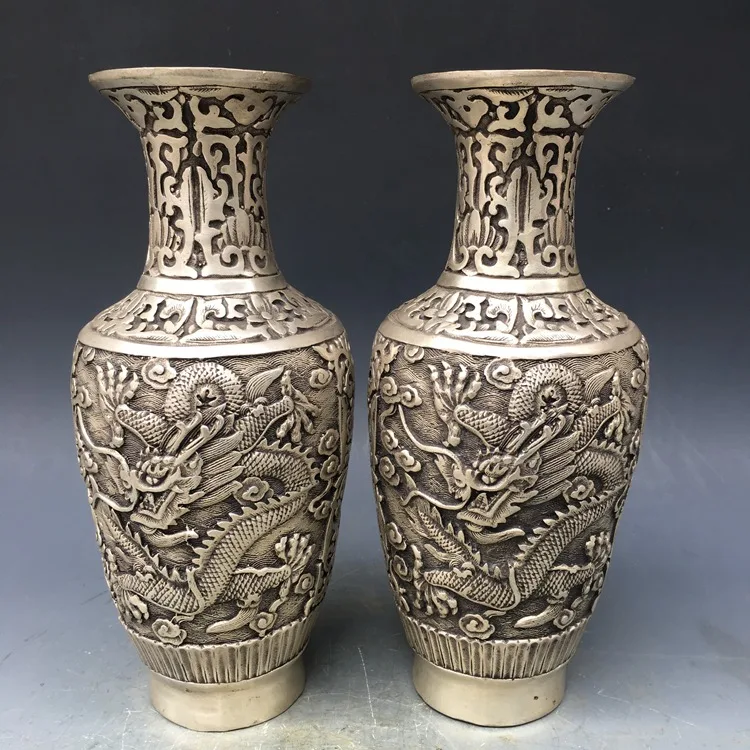 Античная серебряная ваза QingDynasty, бутылка drgaon, пара, ручная резьба, украшение, коллекция и украшение, бесплатная доставка