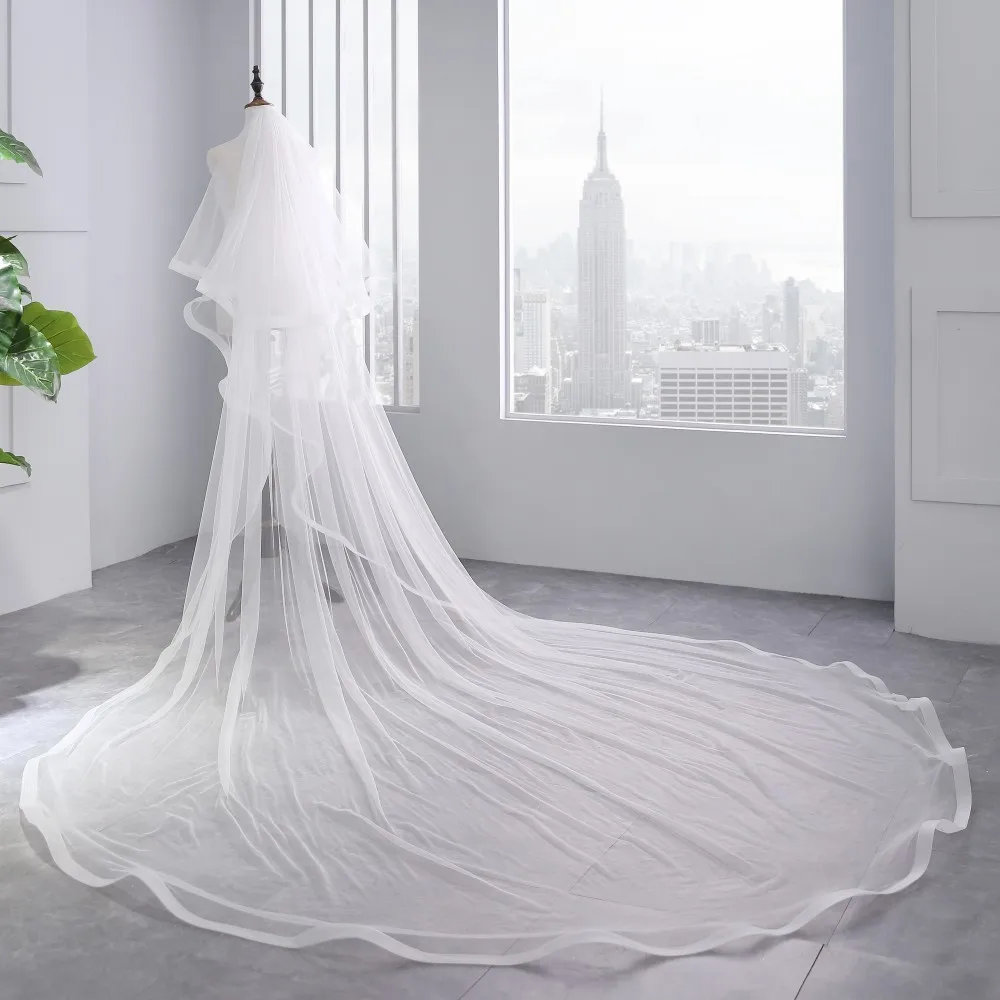 2018 White Ivory Cathedral Wedding Veils Long Ribbon Edge Bridal Veil with Comb Accessories Bride Mantilla | Свадьбы и торжества