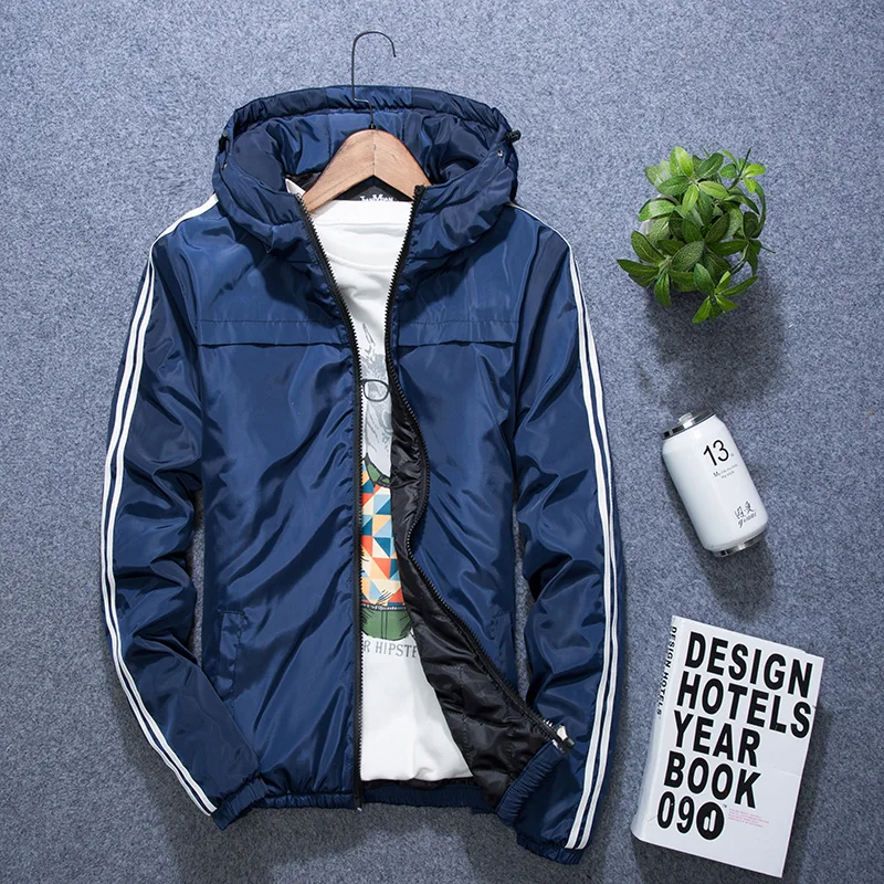 Куртка весна и осень мужские однотонные свободные с капюшоном хлопковые