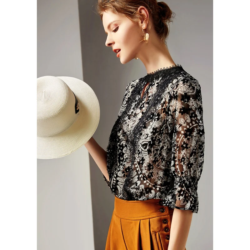 2019 Women's Runway Shirts O Neck Sexy Keyhole Lace Patchwork Printed Ruffles Elegant Blouse Tops |