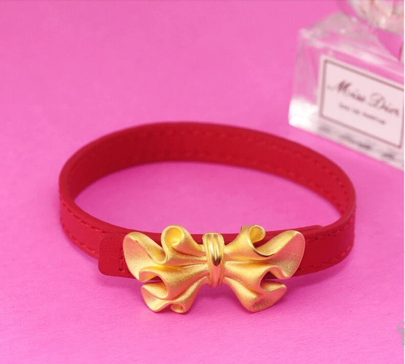 

Hot sale 999 24k Yellow Gold 3D Butterfly leather Bracelet 4.90g