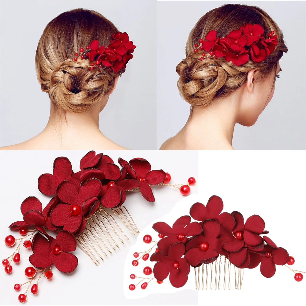 

1Pcs Fashion Red Flower Hair Comb Bridesmaid Crystal Hair Clip Bridal Hairpin Wedding Hair Jewelry For Women Party Hairband Gift