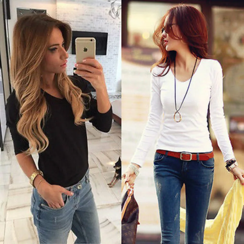 Топ женский с V образным вырезом и длинным рукавом|tee black|long sleeved tops ladiessleeve top |