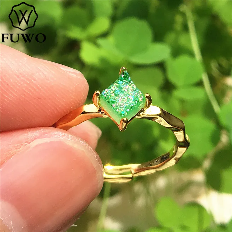 H FUWO квадратное кольцо Aura Druzy с 24K золотым наполнением, минималистичный дизайн, необработанные кольца Druzy для женщин, регулируемый размер RG017 - Цвет основного камня: H