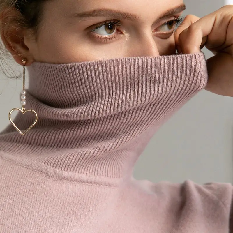 Trend Colors Women 100% Real Merino Wool Turtleneck Pullover Sweater Women's Solid Rib Collar Sweaters Knit Top Female Jumper | Женская