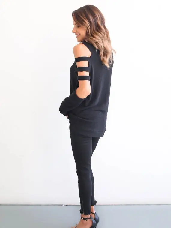 2017 Сексуальные Женщины С Длинным Рукавом Плеча Выдалбливают О Шеи футболка Тис