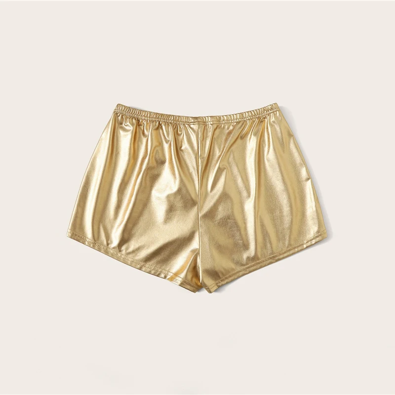SHEIN однотонные шорты из искусственной кожи с завязками на талии, женская одежда, женские Гламурные Серебристые летние шорты с эластичной талией