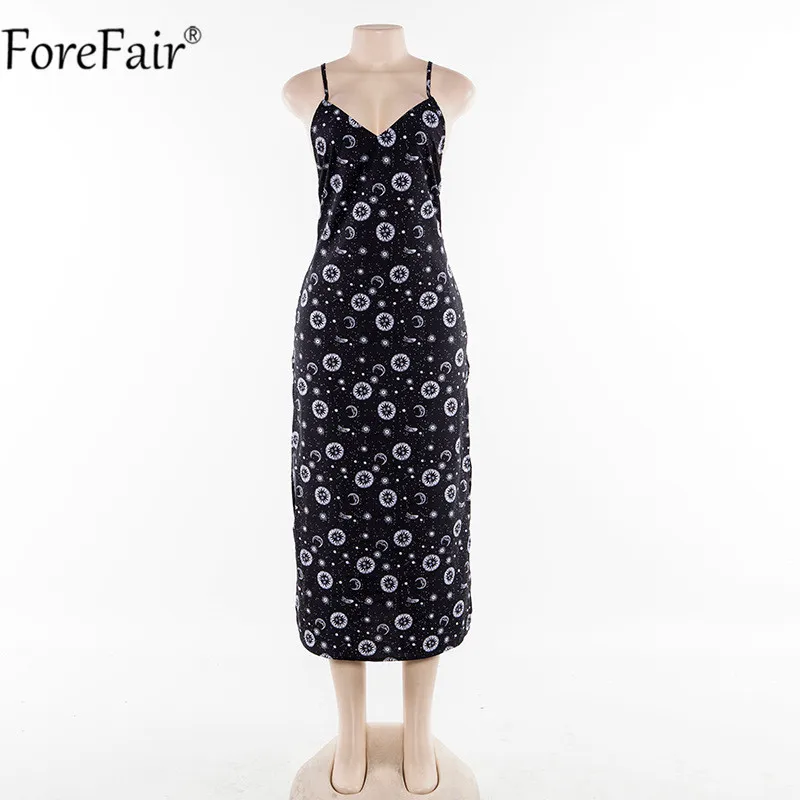 ForeFair Print Backless Midi Dress Women Casual Black Summer Ladies Vestidos V Neck Slit Long Dresses 2019 Sleeveless | Женская одежда