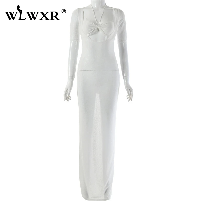Женское длинное платье с прозрачной сеткой WLWXR Белое Облегающее макси вечерние
