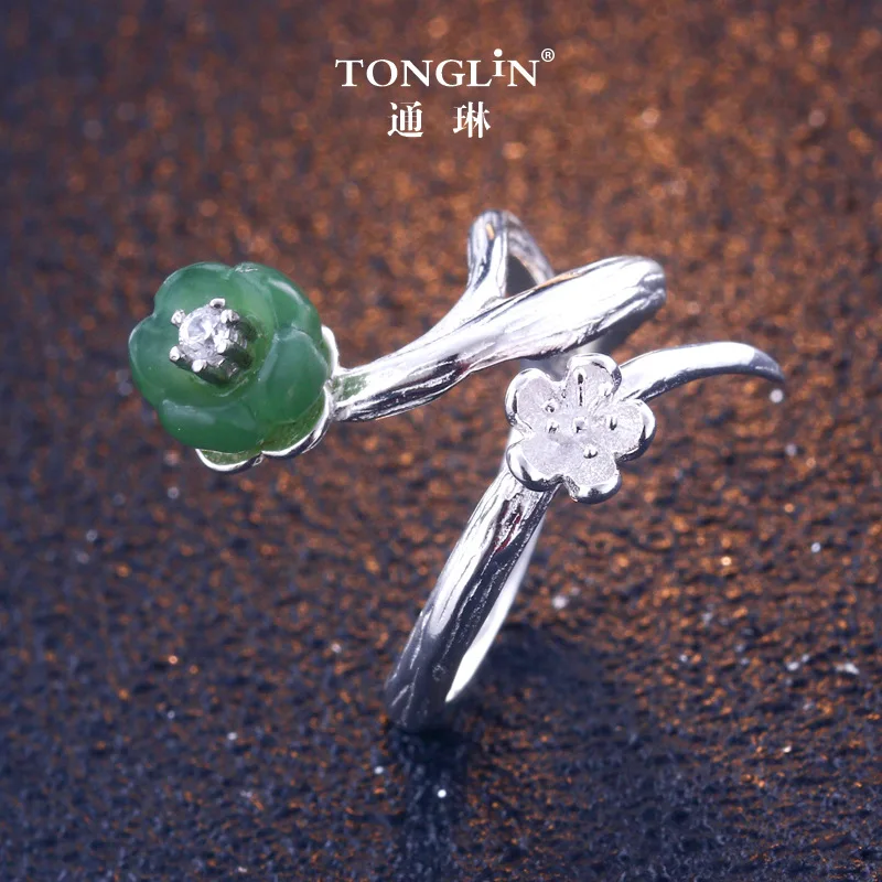Женское Винтажное кольцо из серебра 925 пробы с зеленым цветком | Украшения и