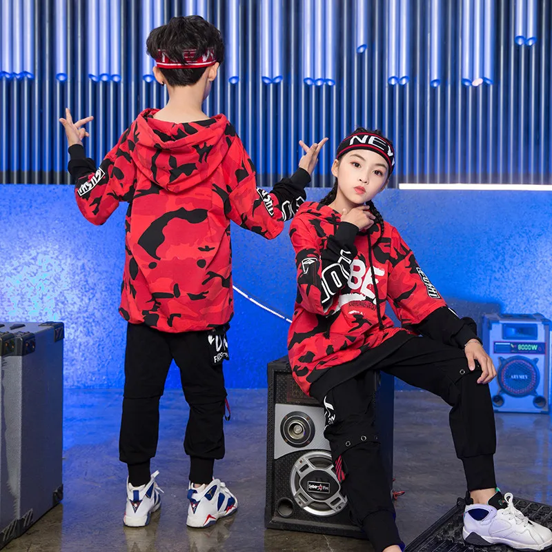 Camouflage Printed Hoodie Pants Set Childrens Hip-hop Street Dance Suit Clothing Jazz Hip Hop Costumes for Kids Boys and Girls |
