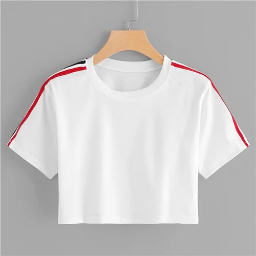 Белый SweatyRocks белая полосатая короткая футболка с короткими рукавами, одежда для активного отдыха, топ с круглым вырезом, модная летняя женская уличная одежда, футболки Basics - Цвет: Белый