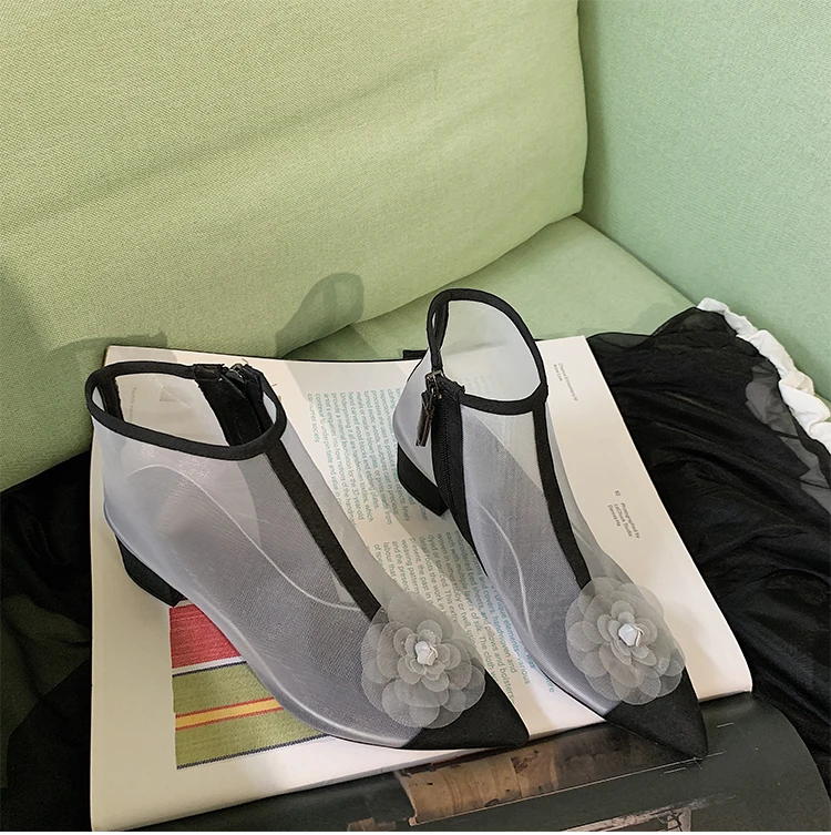 Элегантные серые сетчатые ботильоны с цветочным узором женские прозрачные