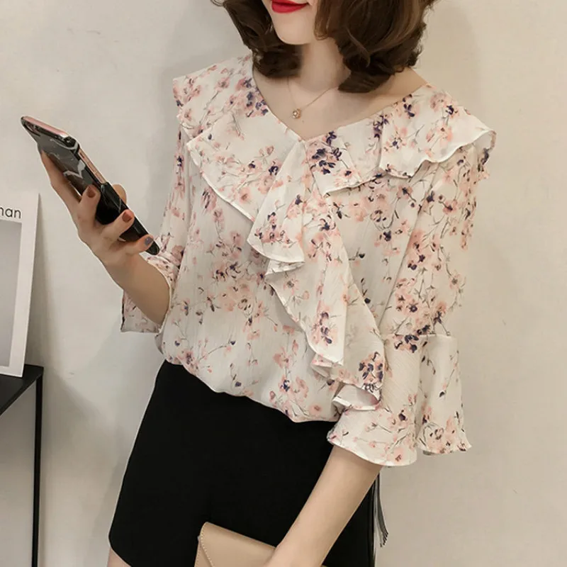 2018 летние топы больших размеров женские модные шифоновые блузки с оборками и v