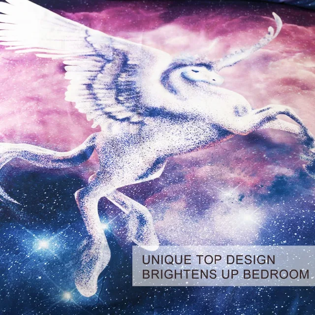 BlessLiving Unicorn Bedding Set Flying Horse with Wings Duvet Cover 3 Piece Psychedelic Space Bedspread Nebula Pink Bedclothes 3
