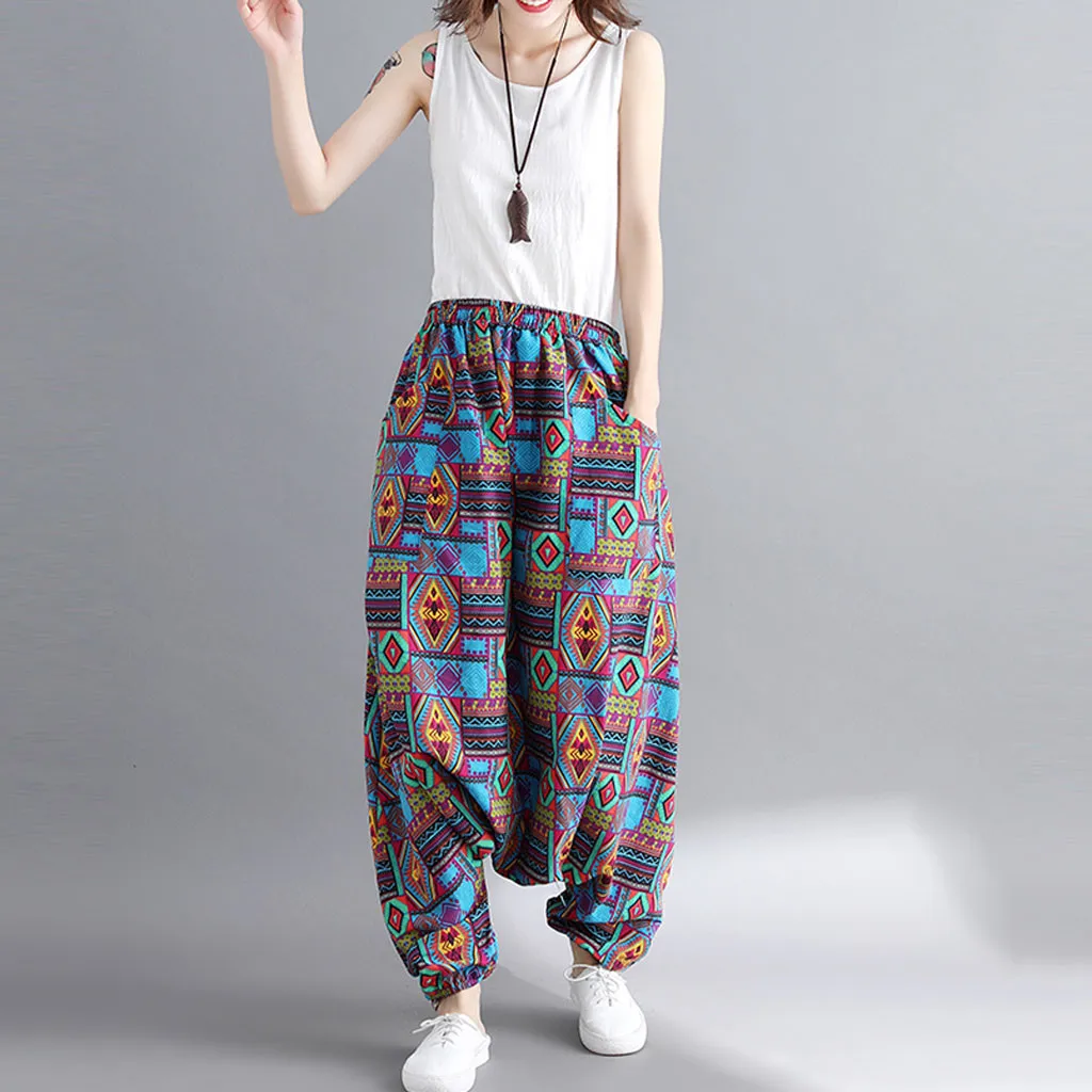 Womail, женские брюки, летняя мода, Boho, хиппи, для девушек, с принтом, свободные штаны, мешковатые брюки, высокая талия, длинные штаны, пляжные,, M531