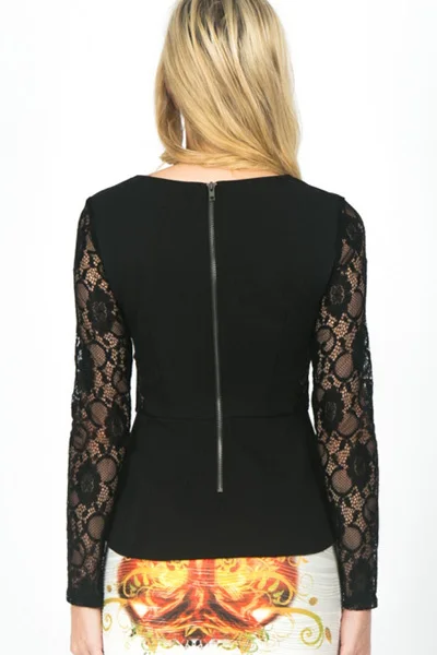 new 2014 Black Jersey Lace Long Sleeve Peplum Top Casual Brief Ruffles Zip Autumn Regular Clubwear LC25189|clubwear costumes|clubwear menclubwear
