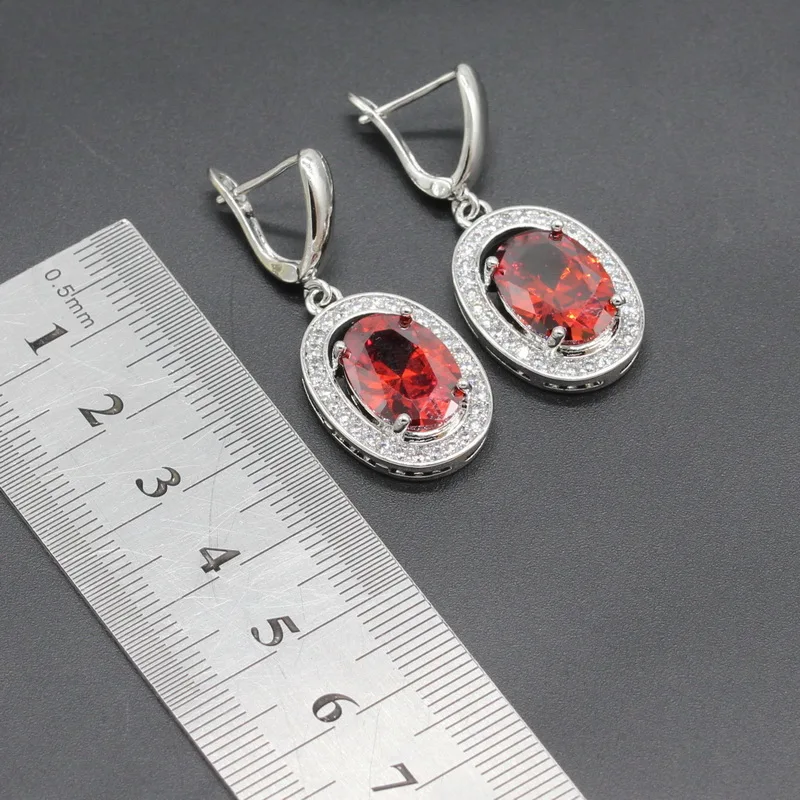 925 Sterling Silver Jewelry Sets Oval Red Zirconia For Women Wedding Necklace Pendant Bracelet Ring Earrings Rysean | Украшения и