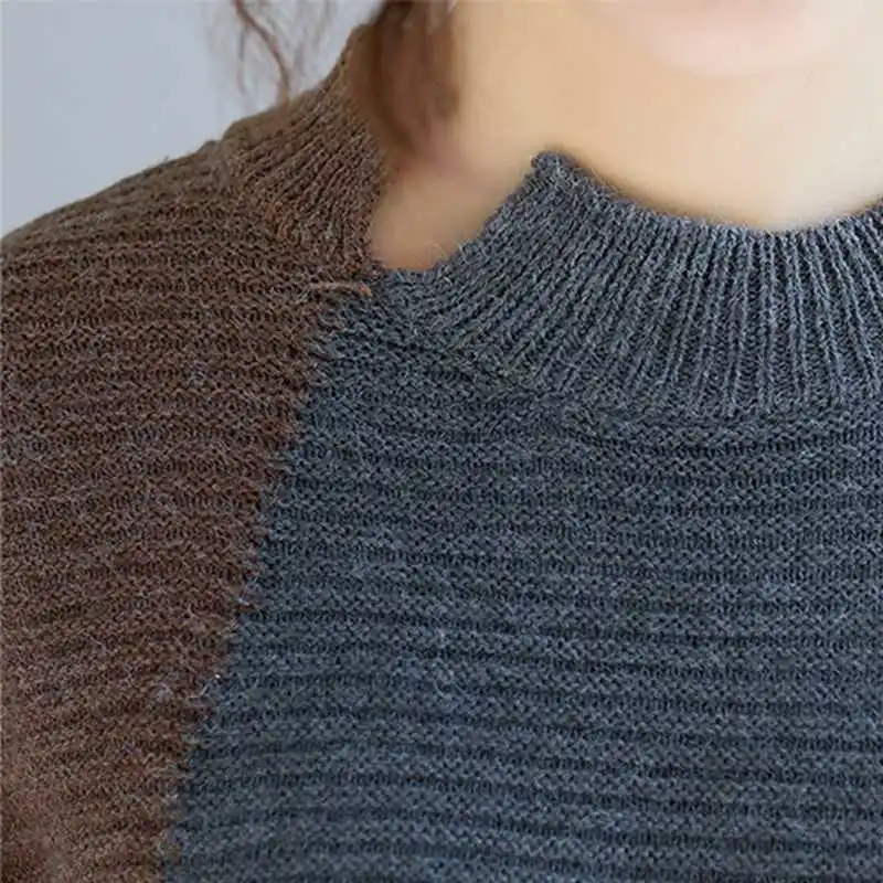 Mferlier Thick Womens Sweaters O Neck Long Sleeve Chic Panelled Patchwork Pullover Loose Casual Ladies Artsy Winter Warm Sweater | Женская
