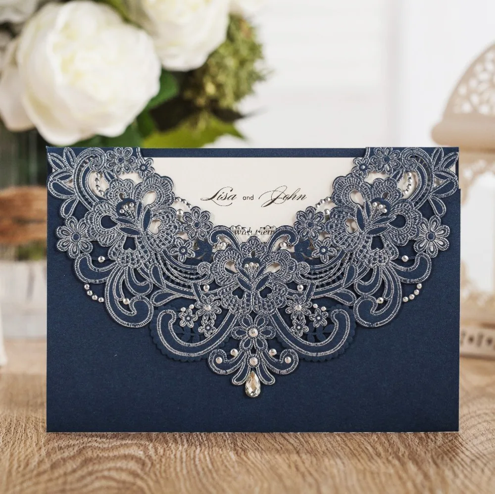 

WISHMADE Laser Cut Lace Flora Wedding Invitations Cards with Rhinestone Navy Blue Invites for Birthday Baby Shower Engagement