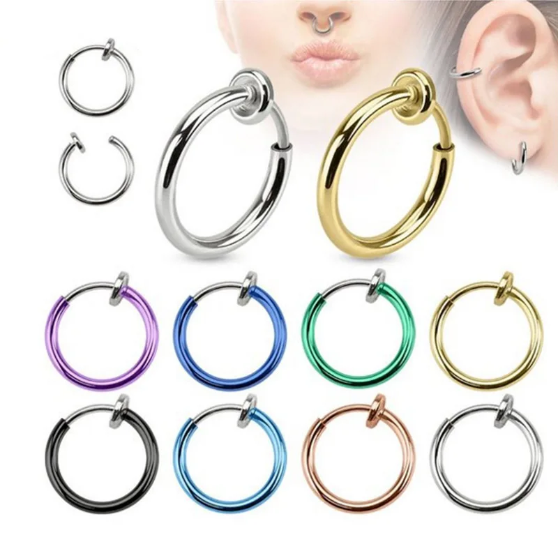 2Pcs Spring Clip Fake Earring For Mens/Womens Stainless Steel Small Ear Circle On Nose Ring Hoop Lip Ring Jewelry