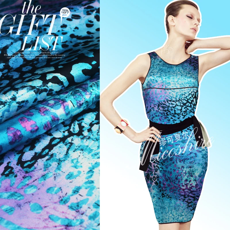 

SILKS STORY Fashion Silk Elastic Satin Blue Leopard Printeing 97% Silk Cheongsam Full Dress Jumpsuit Silk Fabric Sale Wholesale