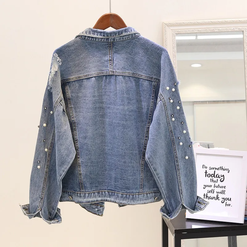 Fitaylor женские джинсовые куртки весна Harajuku Хип Хоп куртка свободный жемчуг длинный