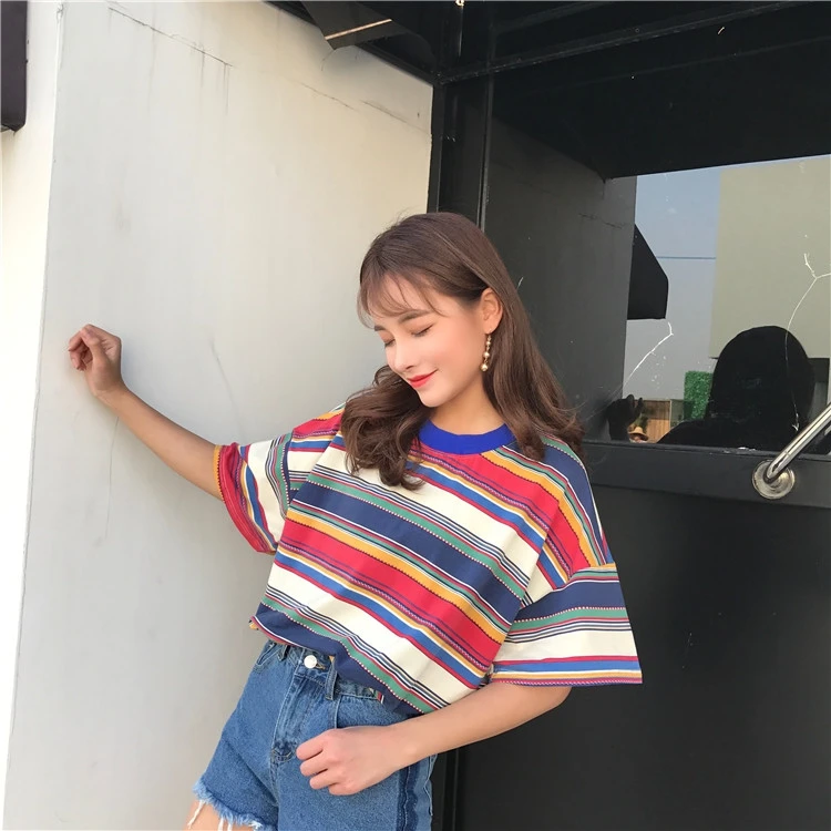 Женская Радужная футболка Ulzzang в полоску японском стиле Harajuku|Футболки| |