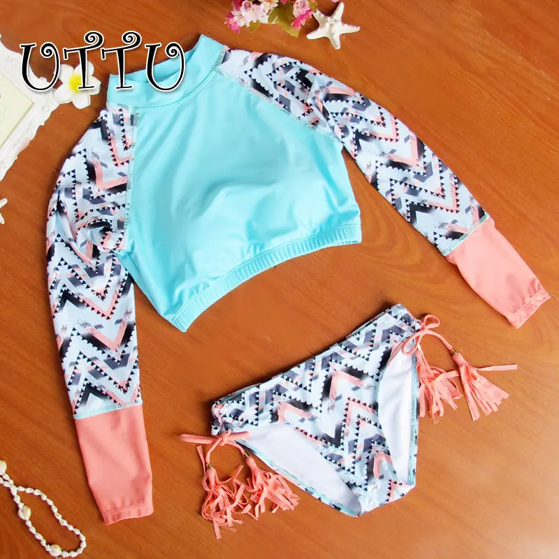 UTTU новинка 2016 Танкини с длинным рукавом из кусков бахрома купальник высокая