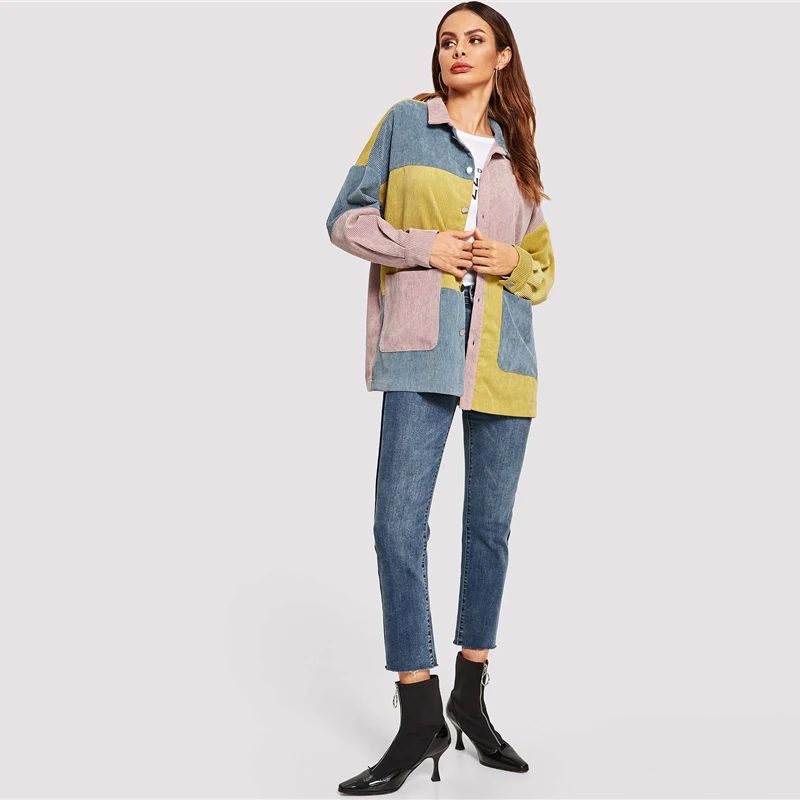 SHEIN повседневное многоцветное пальто с карманами спереди, вельветовое однобортное пальто, Осеннее Современное женское пальто, верхняя одежда