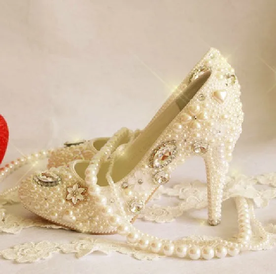 

Handmade Fashion 10cm high princess Pearl rhinestone the crystal formal evening dress shoes wedding shoes luxurious dress shoes