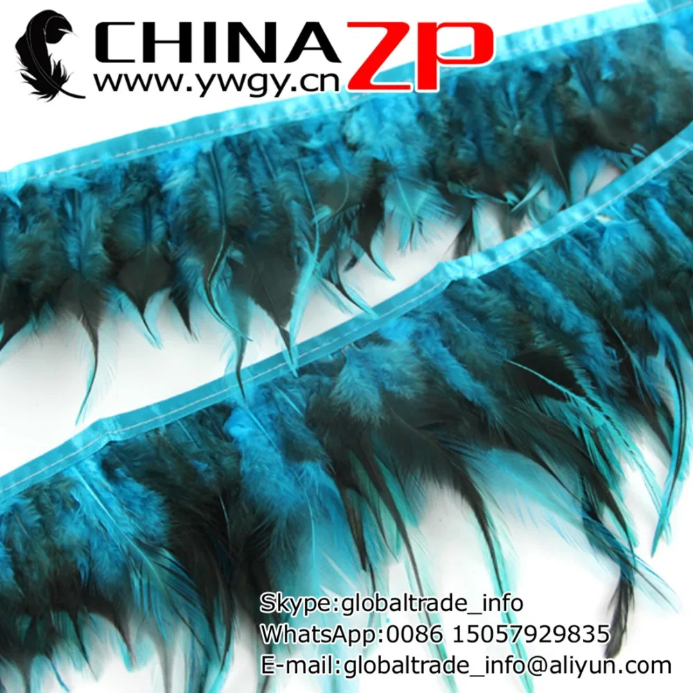 

Gold Supplier CHINAZP Factory 10yards/lot Cheap Wholesale Dyed Turquoise and Black Rooster Saddle Feathers Fringe Trim