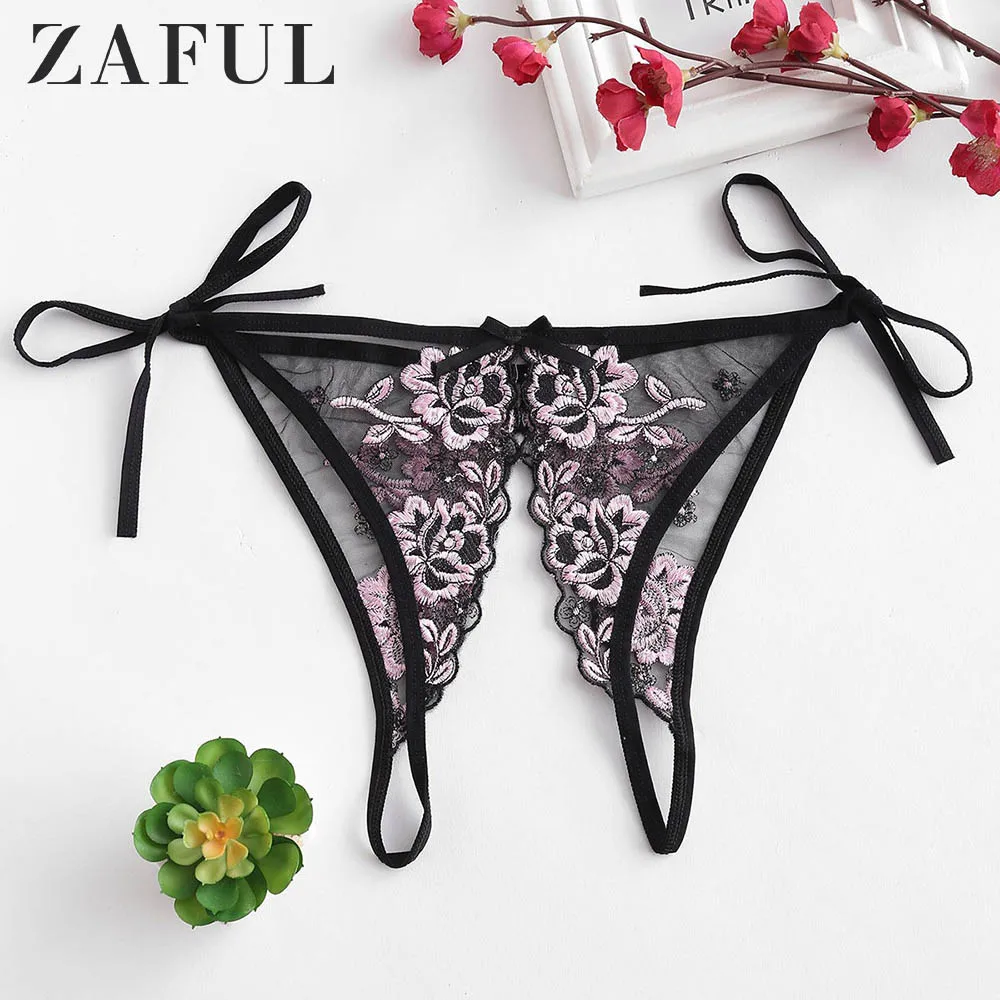 ZAFUL Цветочные Вышитые Crotchless Галстук Боковые Трусики марочный Cексуальный