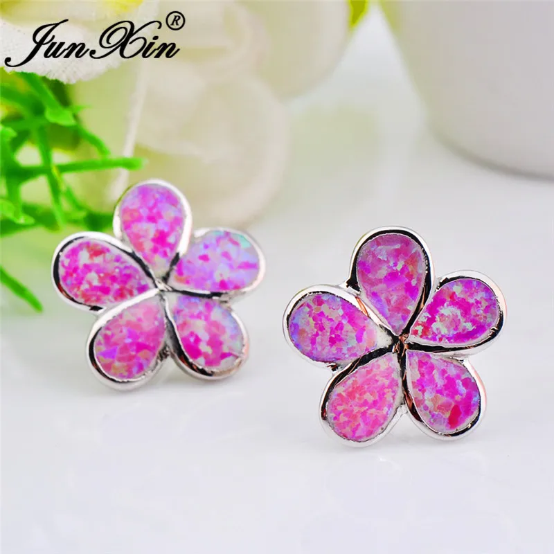 Rose Red Opal Милые серьги с белым и голубым огненным опалом, серьги-гвоздики в виде цветка для женщин, свадебные серьги, 925 серебряные серьги для помолвки - Окраска металла: Rose Red Opal