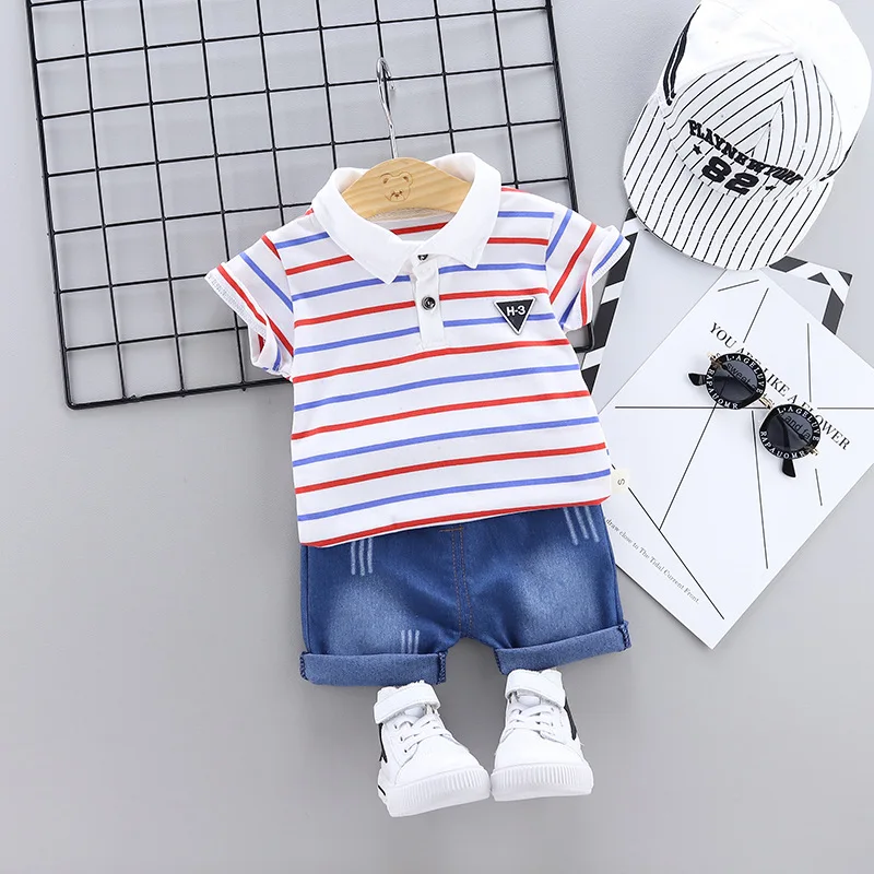 2019 Summer Boy Sets Children's clothes kids Striped Lapel Short Sleeve T-Shirt + Shorts 2 pieces Children Set | Детская одежда и